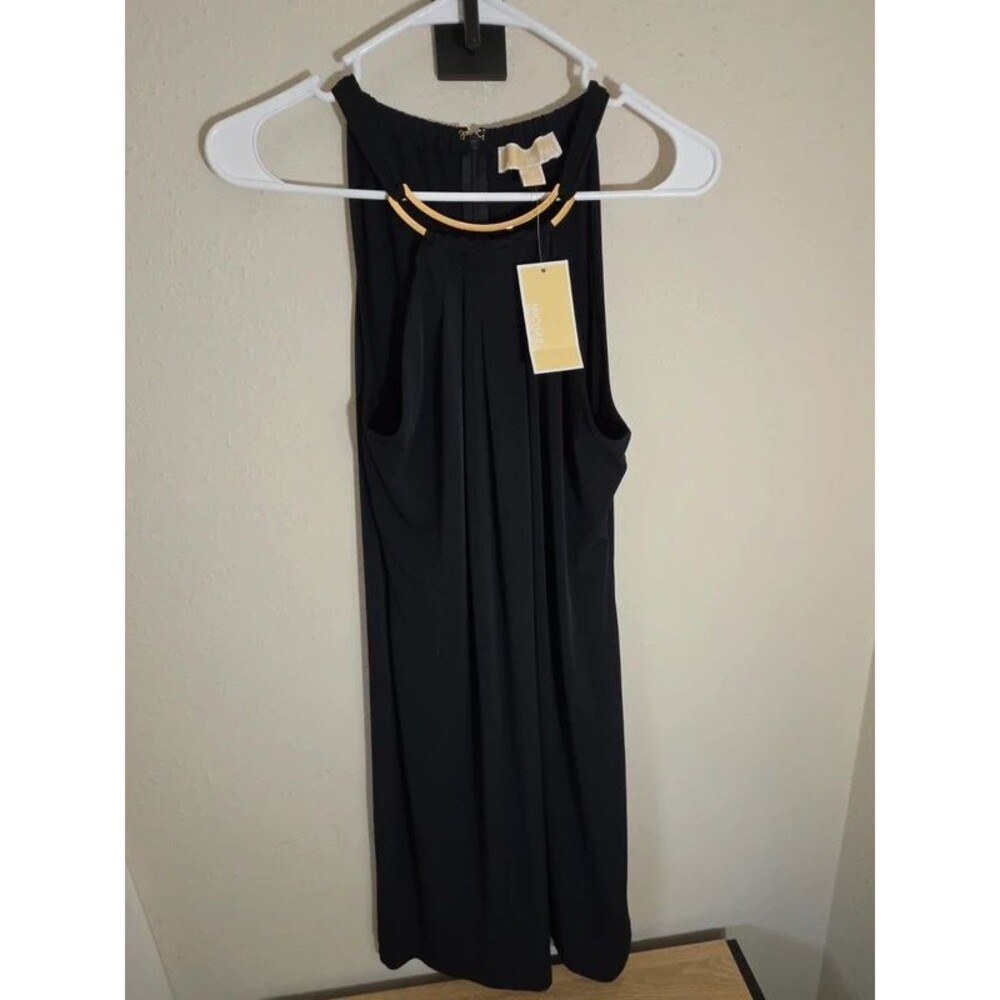 Michael Kors Black Sleeveless Dress with Gold-Tone Neckline Detail Size M NWT